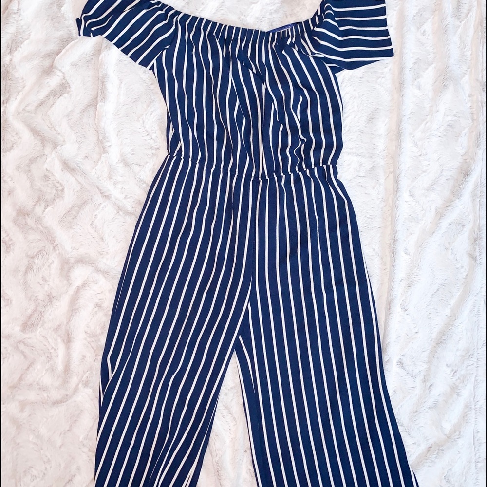 charlotte russe blue and white striped jumpsuit